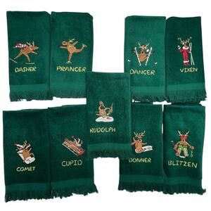 VTG Avanti Grand Prix Reindeer Christmas Hand Towels Set 9 Embroidered Fringe